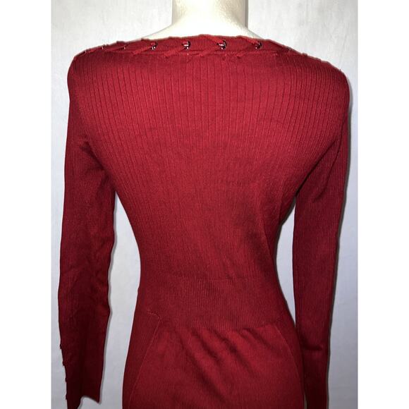 CACHE Women's Size M Burnt Red Knit Bodycon Midi Sweater Dress w/Lacing Trim - Picture 6 of 7